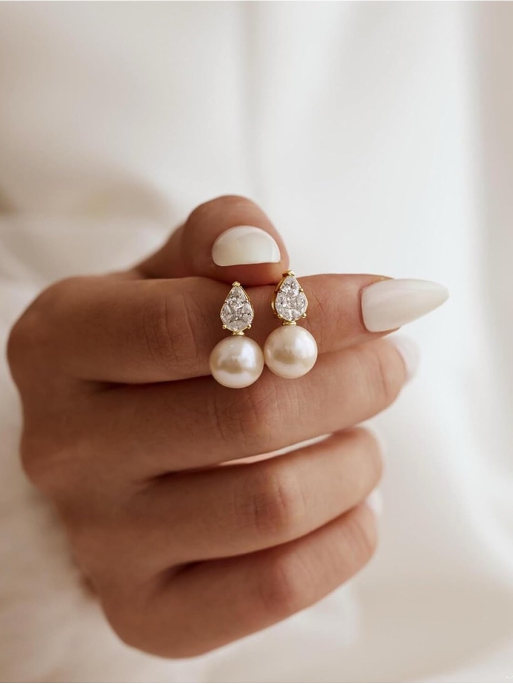 14K Gold Plated Pearl Drop Teardrop CZ Stud Earrings